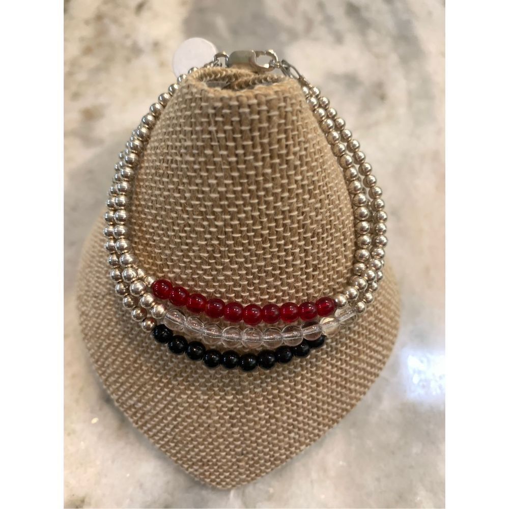 Sterling Silver 3 Stranded Beaded Bracelet #red #black #clear #casual